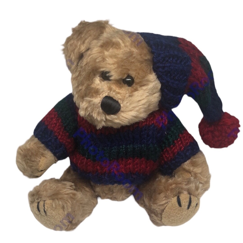 🟢 Vtg CHRISHA Playful Plush 8" Jointed White Teddy Bear Red Green Sweater 1988
